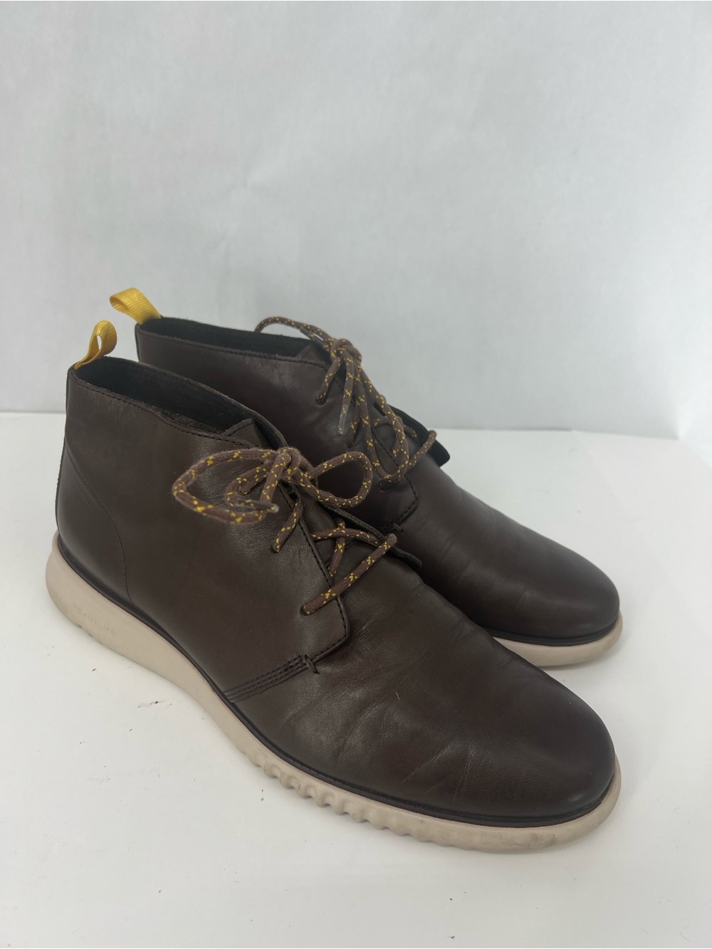 Cole Haan Dark Brown Leather Chukka Boots with Yellow Accents